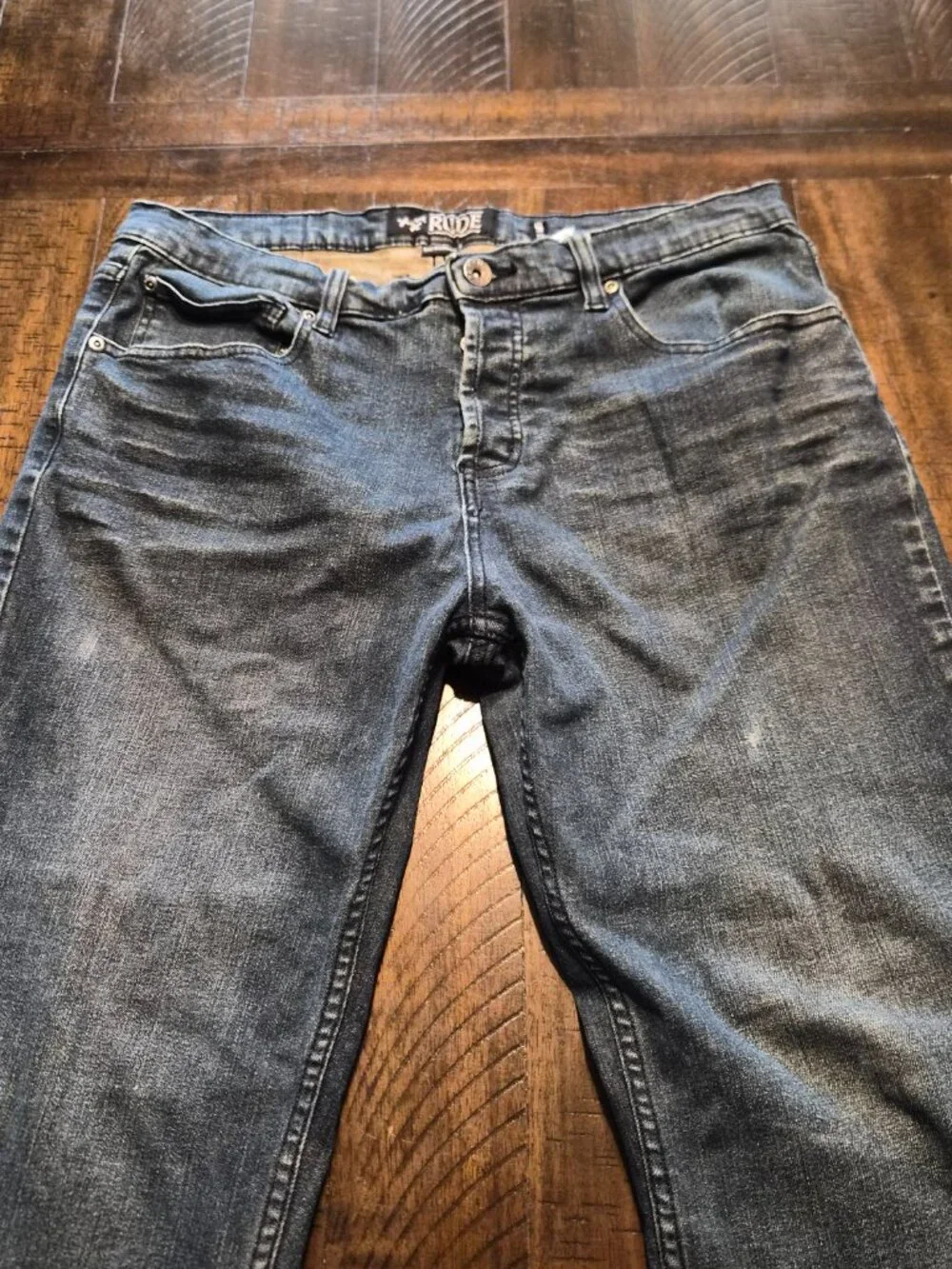 RUDE XXX Slim Straight Mens Jeans Size 36X30 3 Button Blue Dark Wash G597